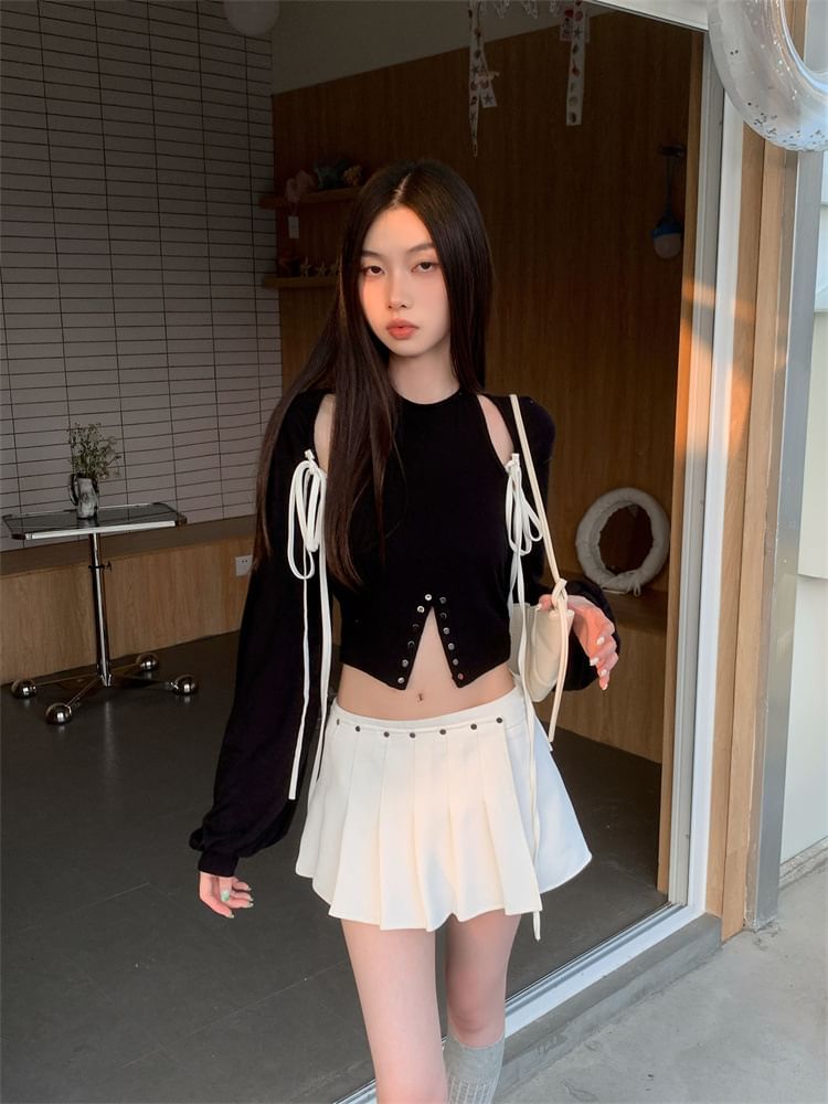 Coordinated Set: Long-Sleeve Shrug, Crop Top, and Pleated Skort