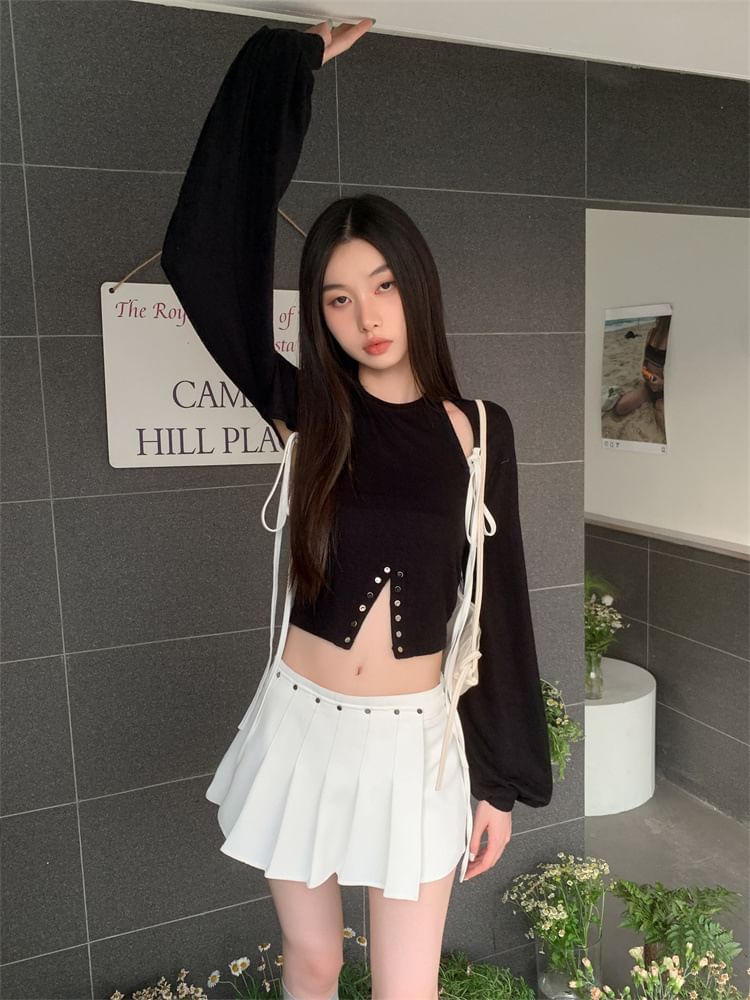 Coordinated Set: Long-Sleeve Shrug, Crop Top, and Pleated Skort