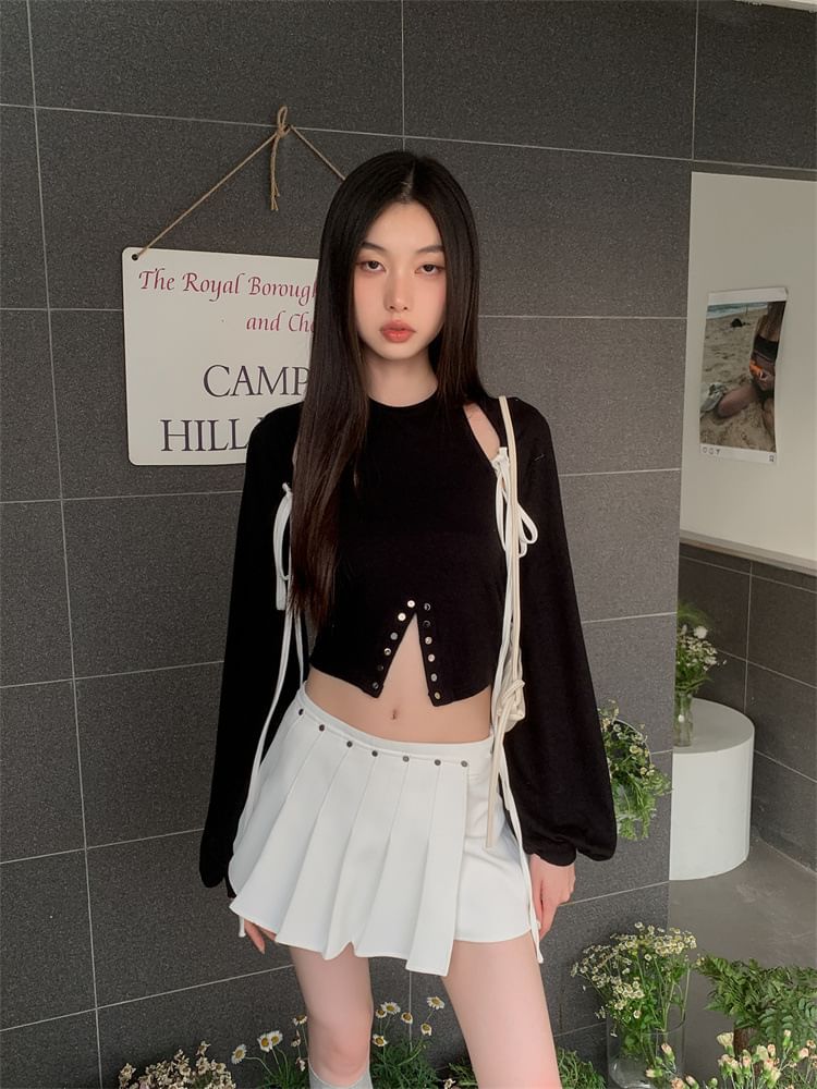 Coordinated Set: Long-Sleeve Shrug, Crop Top, and Pleated Skort
