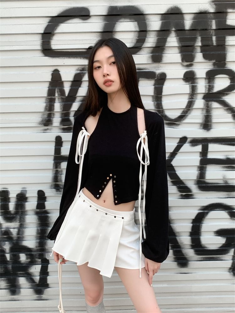 Coordinated Set: Long-Sleeve Shrug, Crop Top, and Pleated Skort