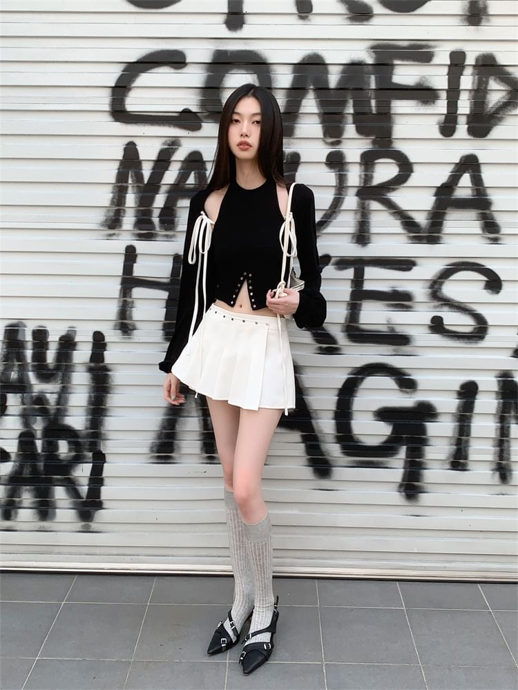 Coordinated Set: Long-Sleeve Shrug, Crop Top, and Pleated Skort
