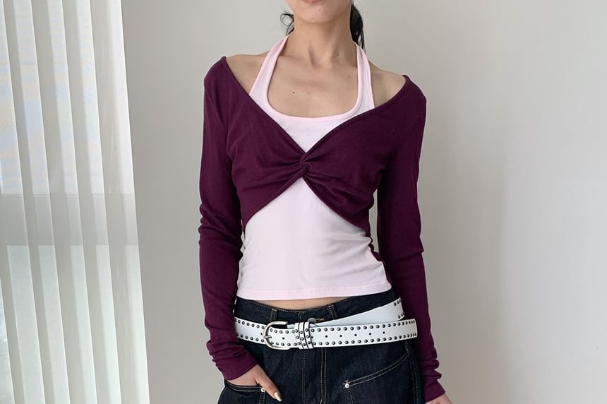Two-Tone Long-Sleeve Crop Top with Mock Layer