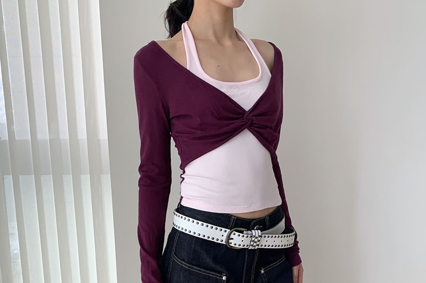 Two-Tone Long-Sleeve Crop Top with Mock Layer