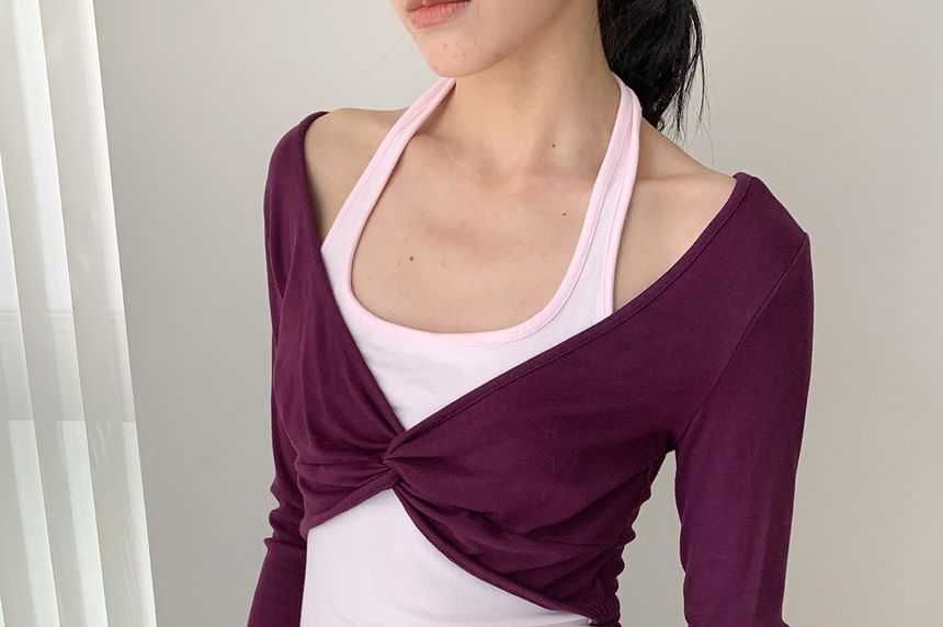 Two-Tone Long-Sleeve Crop Top with Mock Layer