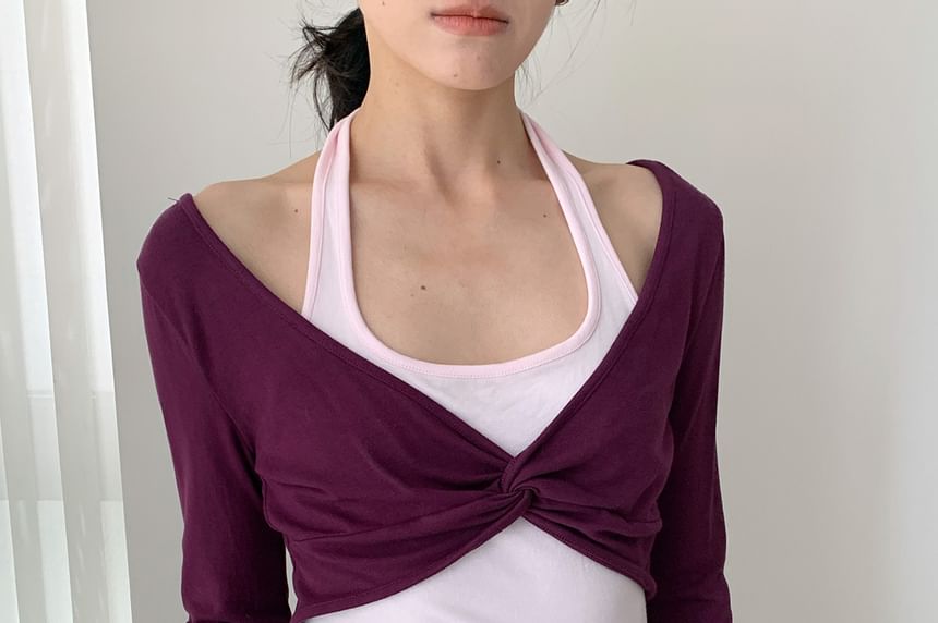 Two-Tone Long-Sleeve Crop Top with Mock Layer