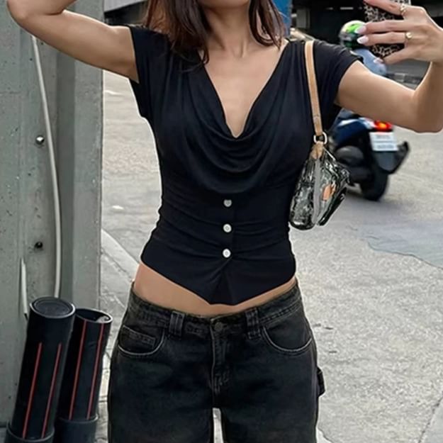 Buttoned Slim Cowl Neck Crop Top with Short Sleeves