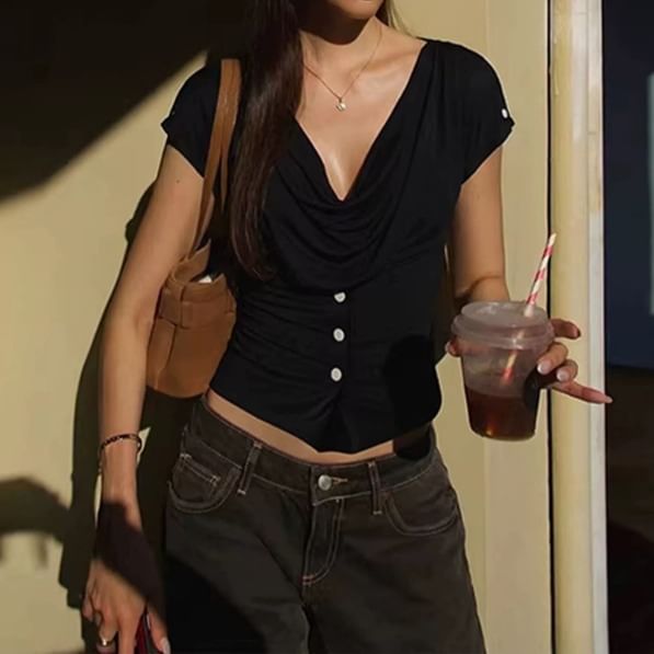 Buttoned Slim Cowl Neck Crop Top with Short Sleeves