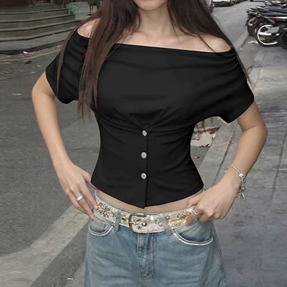 Buttoned Slim Cowl Neck Crop Top with Short Sleeves