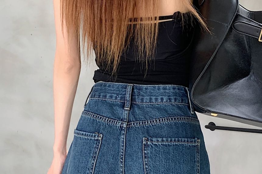 Mid Rise Washed Denim Wide Leg Shorts