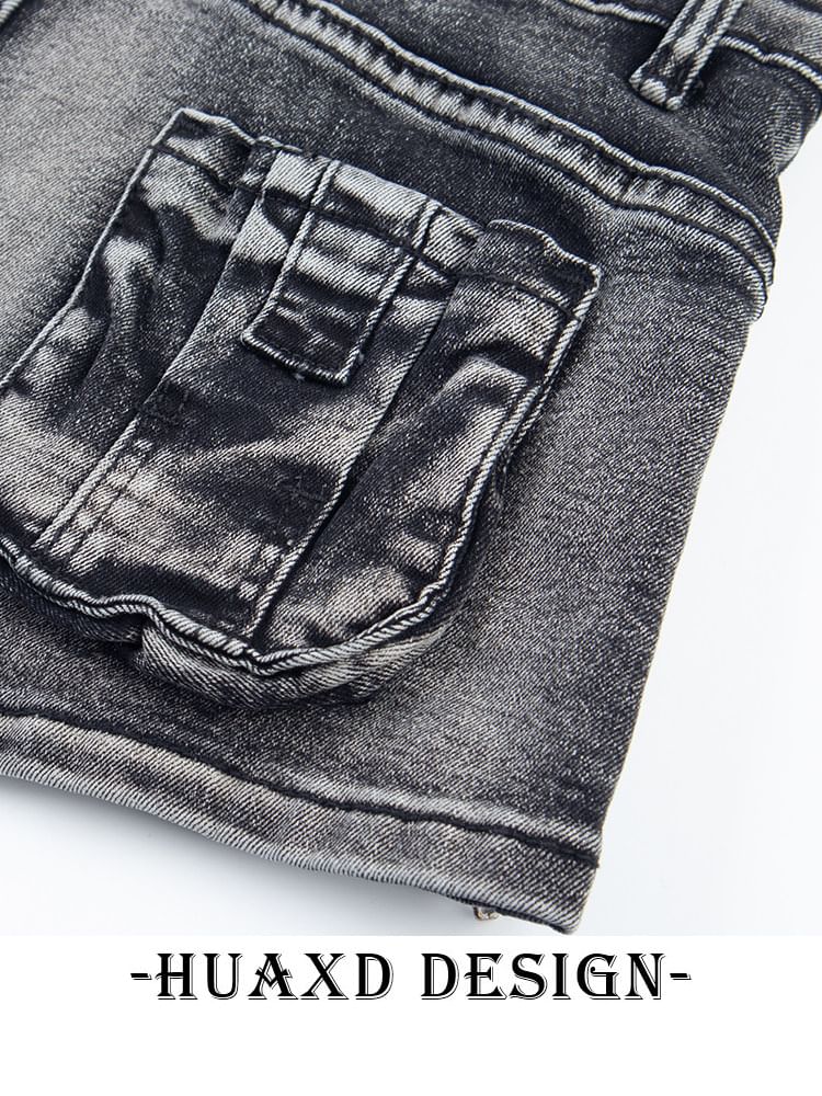 Mid Rise Washed Denim Hot Pants