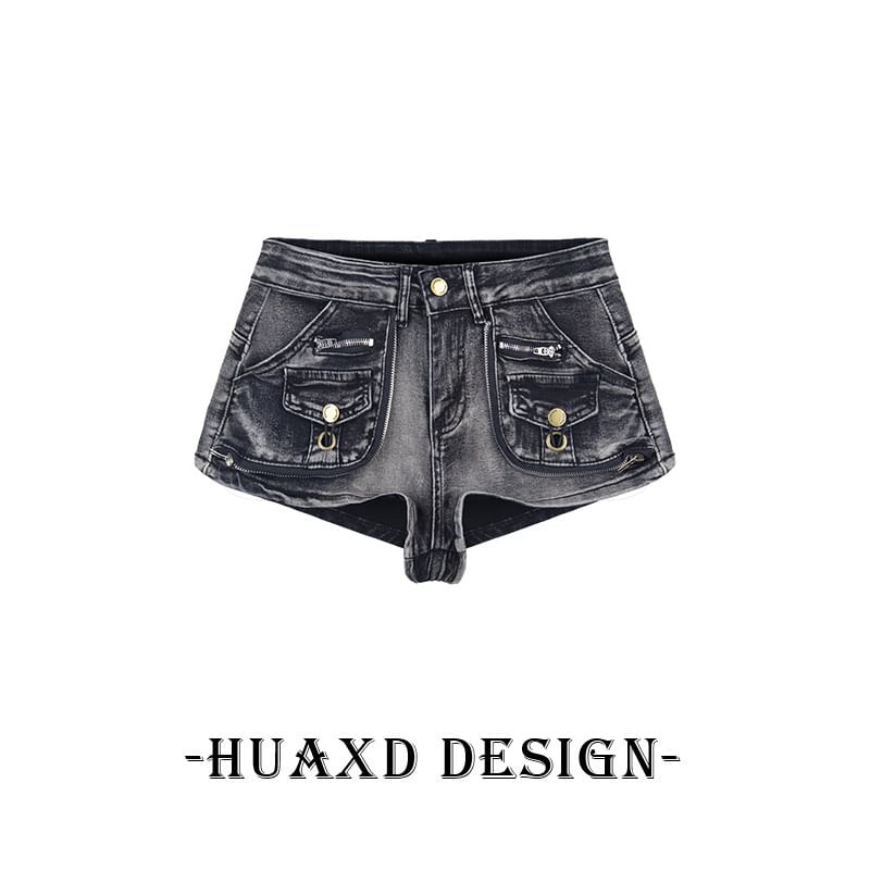 Mid Rise Washed Denim Hot Pants