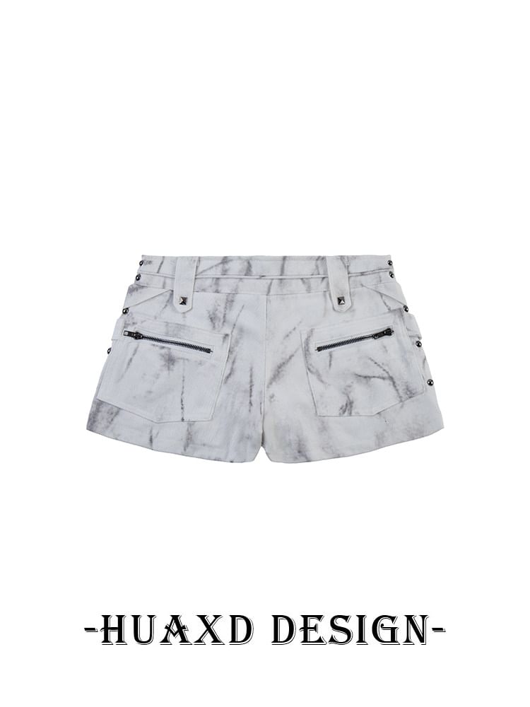 Mid Rise Tie Dye Studded Zip Mini Denim Skort