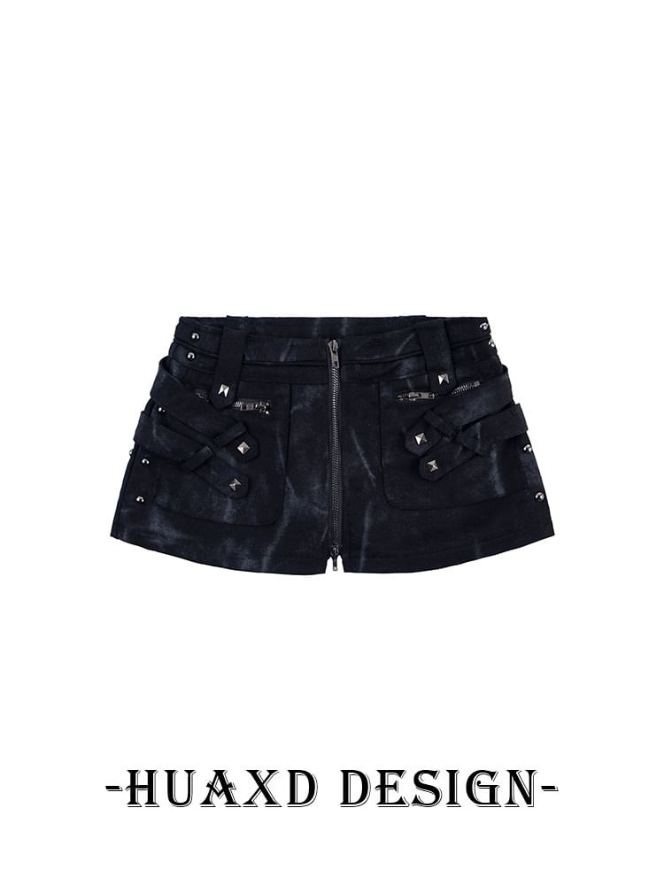 Mid Rise Tie Dye Studded Zip Mini Denim Skort