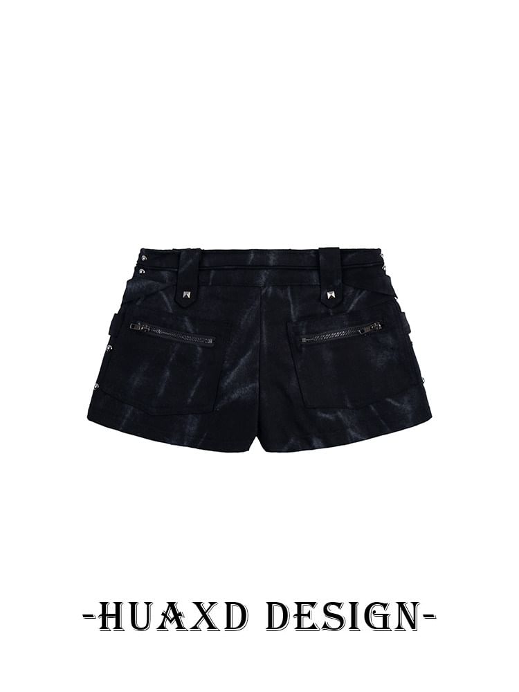 Mid Rise Tie Dye Studded Zip Mini Denim Skort
