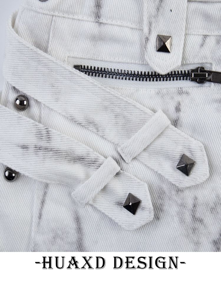 Mid Rise Tie Dye Studded Zip Mini Denim Skort
