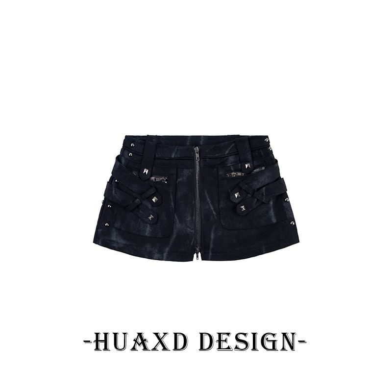 Mid Rise Tie Dye Studded Zip Mini Denim Skort