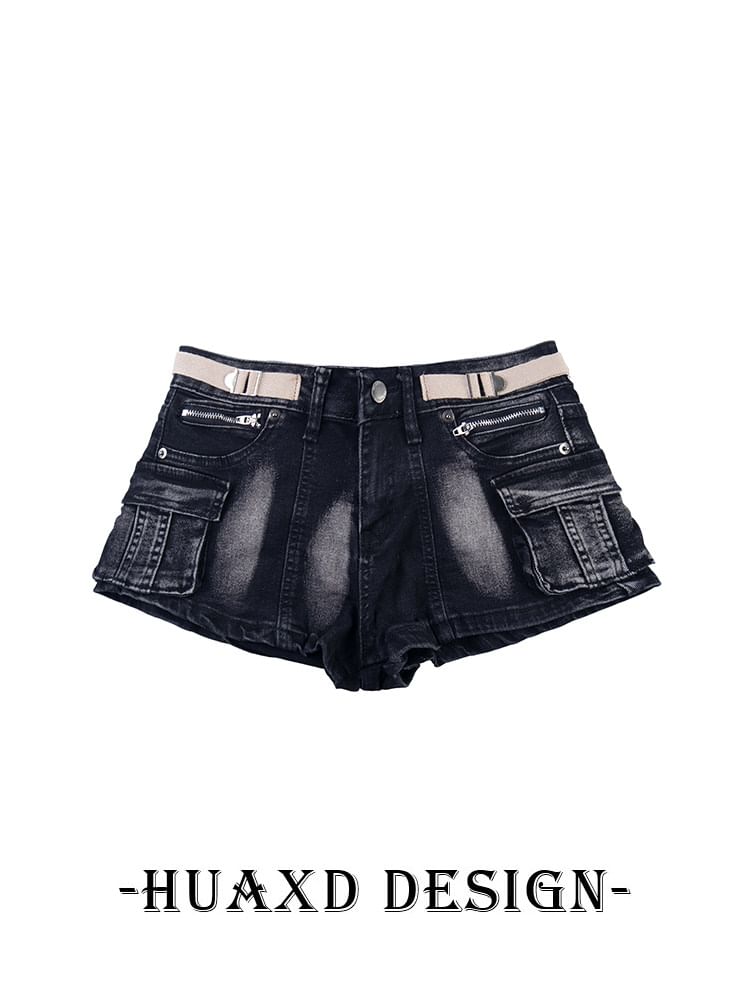 Mid Rise Washed Buckled Denim Cargo Hot Pants