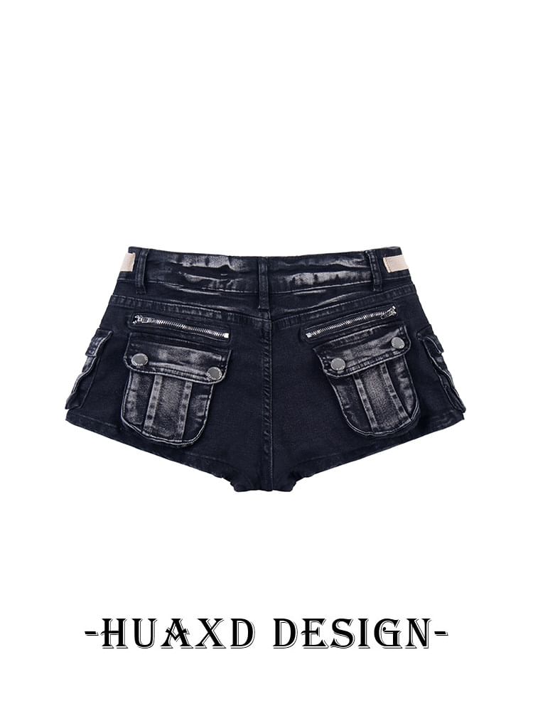 Mid Rise Washed Buckled Denim Cargo Hot Pants