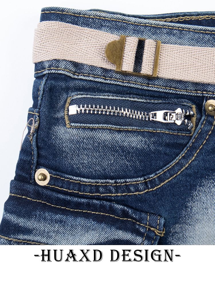 Mid Rise Washed Buckled Denim Cargo Hot Pants