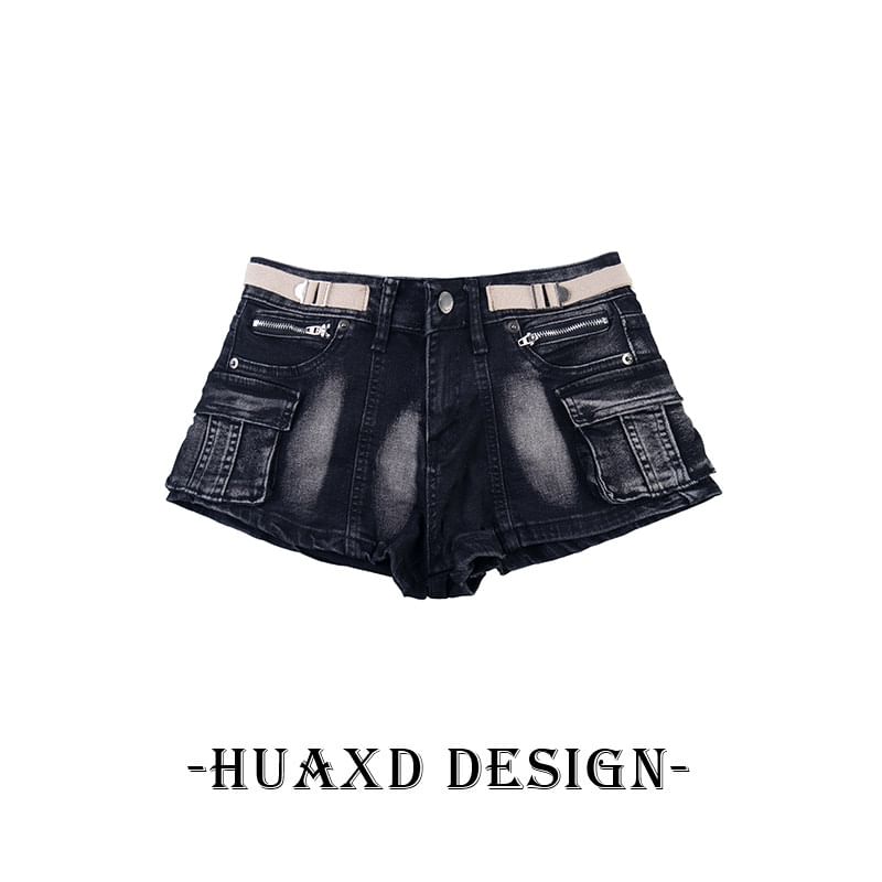 Mid Rise Washed Buckled Denim Cargo Hot Pants