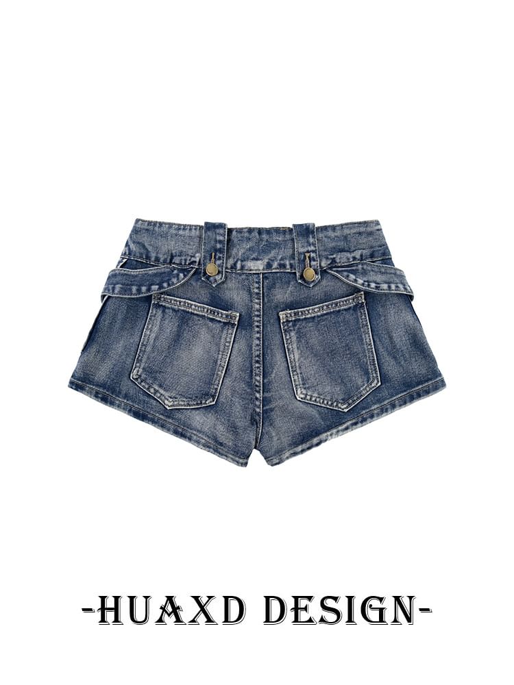 Mid Rise Washed Lace Up Denim Shorts