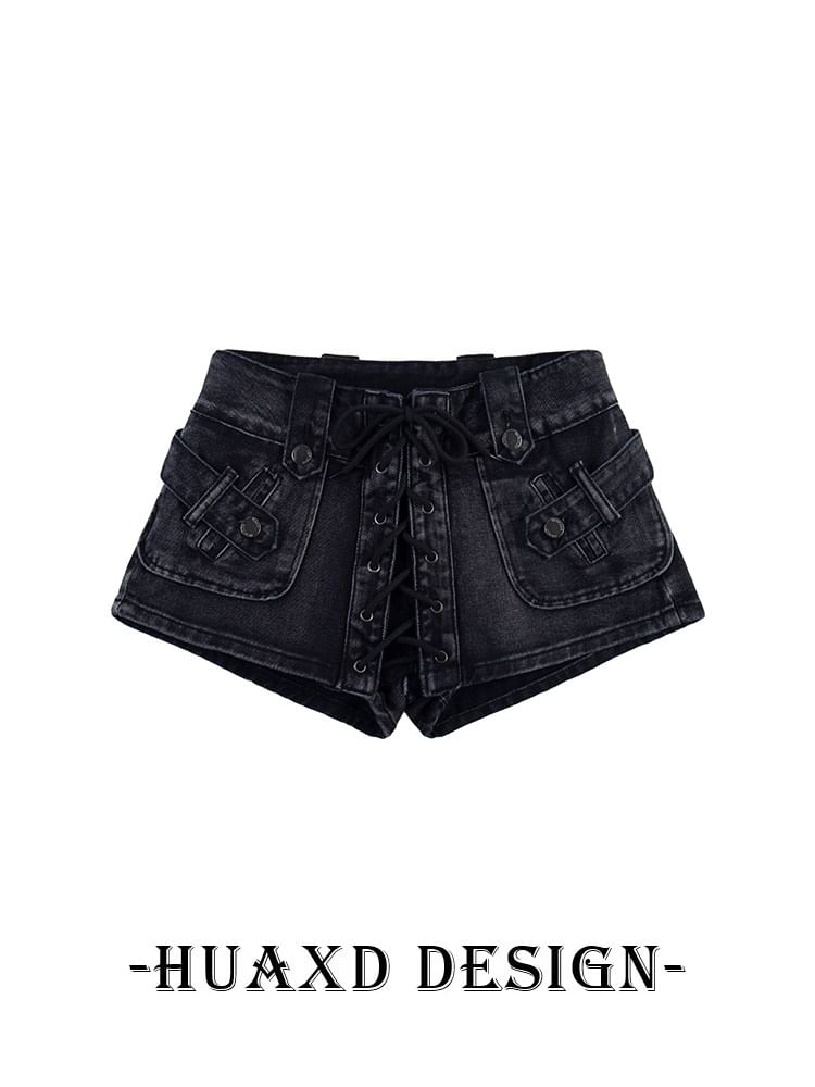 Mid Rise Washed Lace Up Denim Shorts