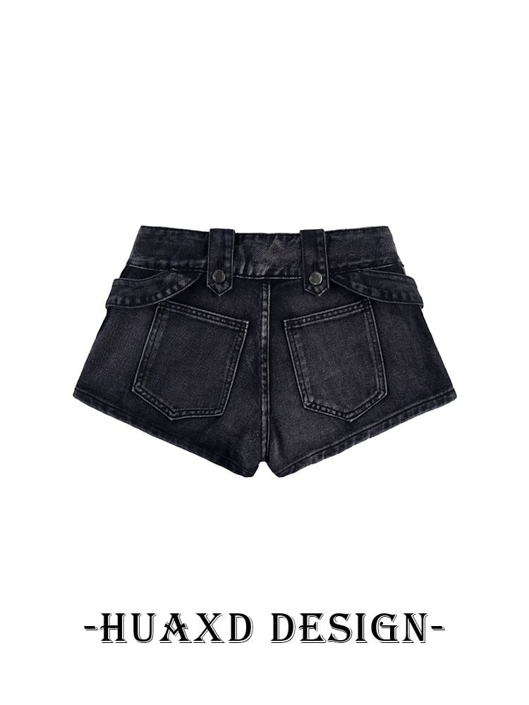 Mid Rise Washed Lace Up Denim Shorts