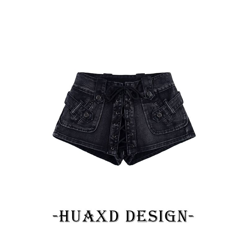 Mid Rise Washed Lace Up Denim Shorts