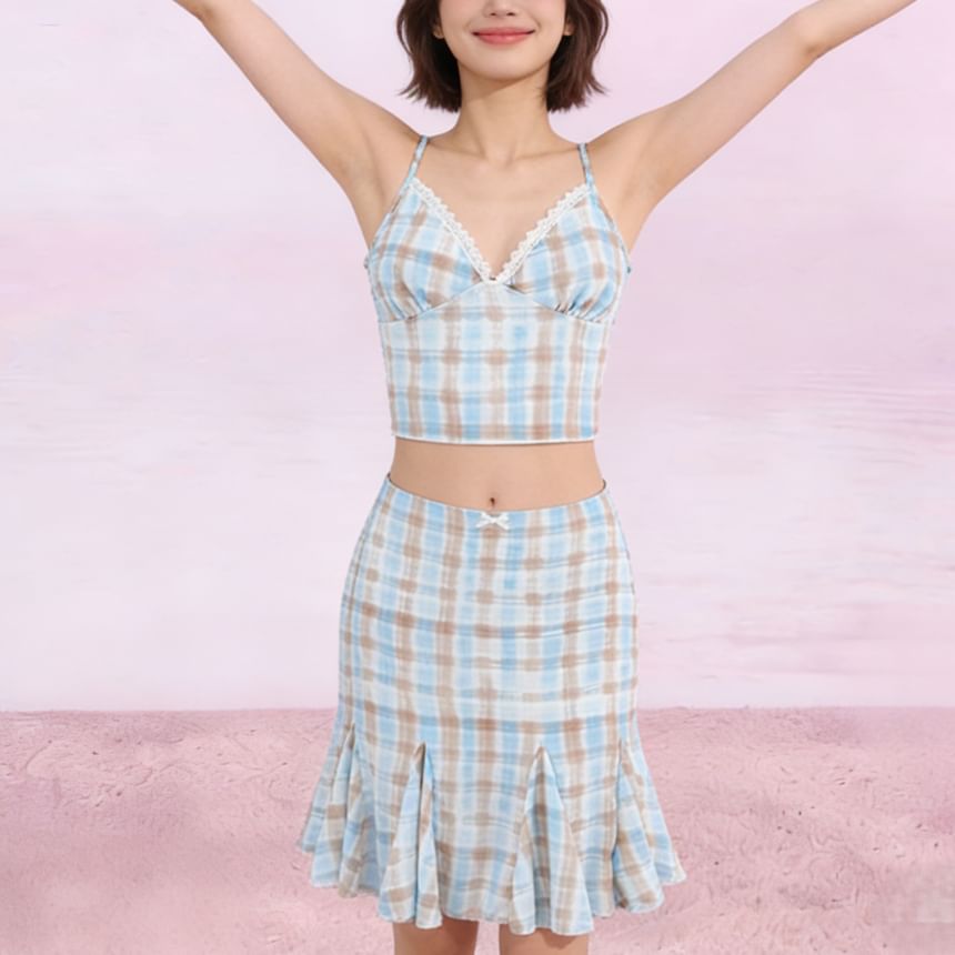 Plaid Crop Camisole and Mermaid Skirt Set