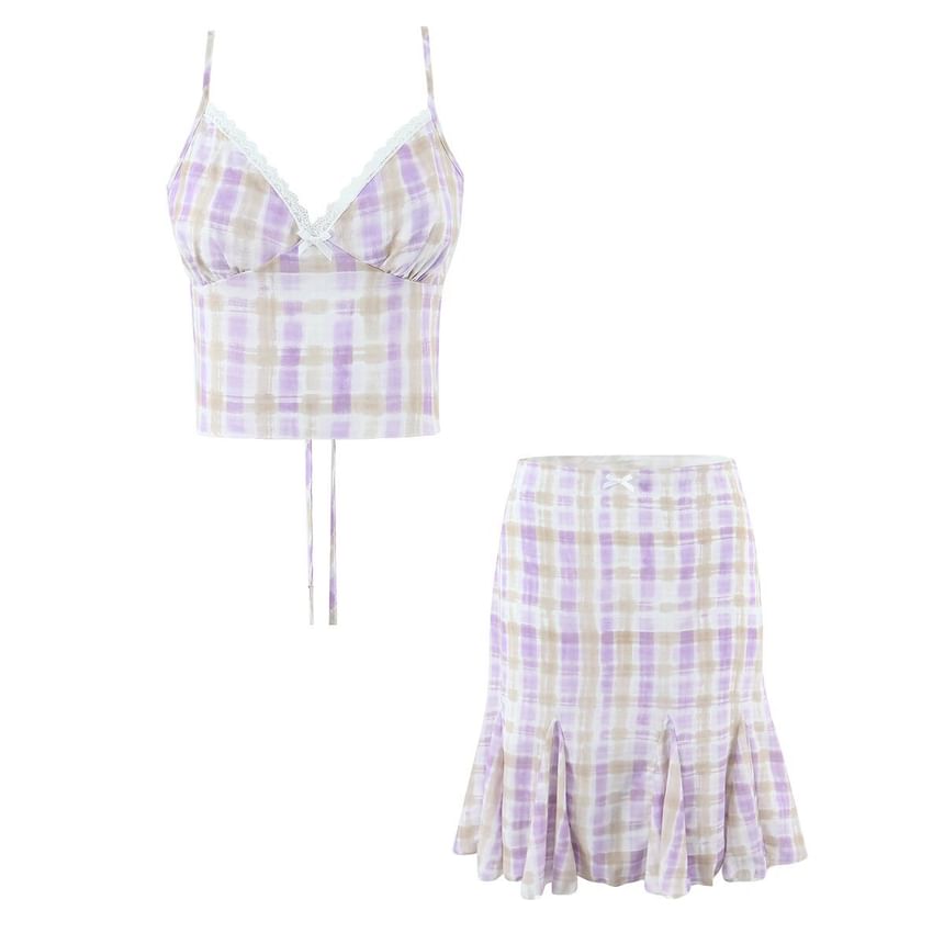 Plaid Crop Camisole and Mermaid Skirt Set
