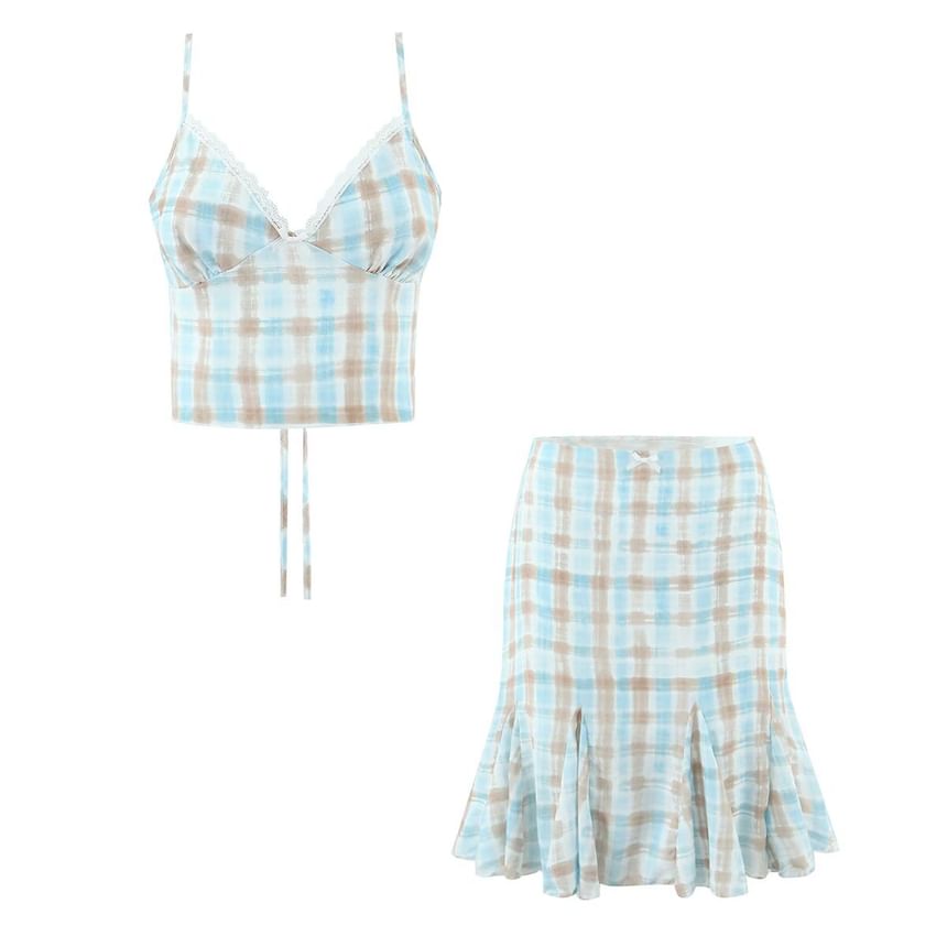 Plaid Crop Camisole and Mermaid Skirt Set