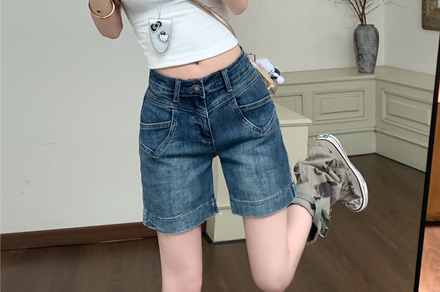 Mid Rise Washed Denim Shorts