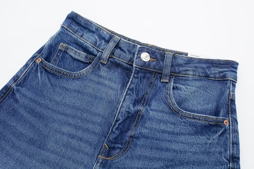 Mid Waist Washed Denim Shorts