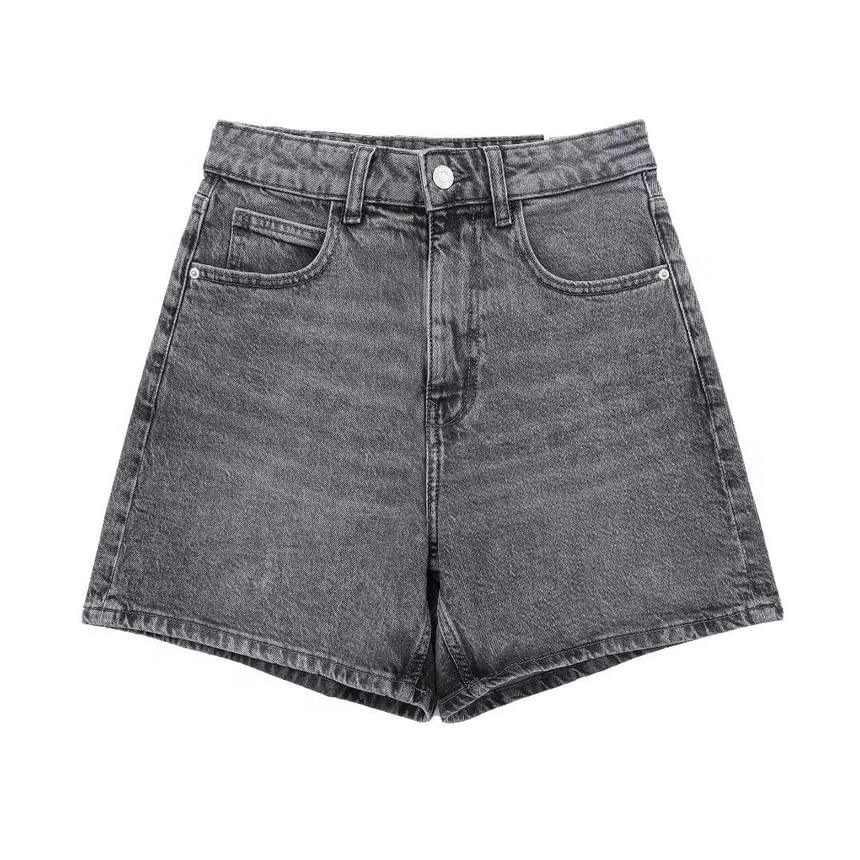 Mid Waist Washed Denim Shorts