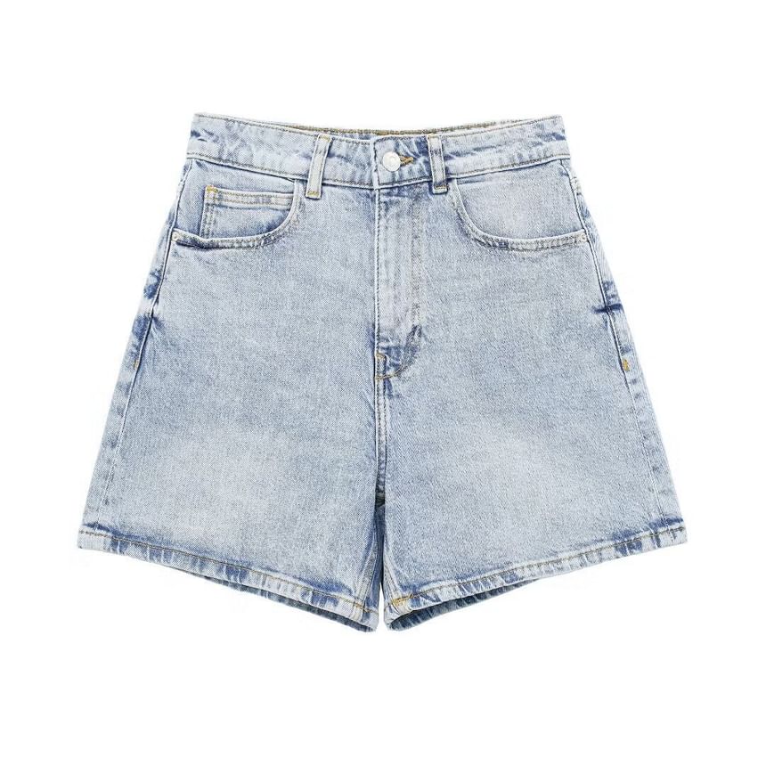 Mid Waist Washed Denim Shorts