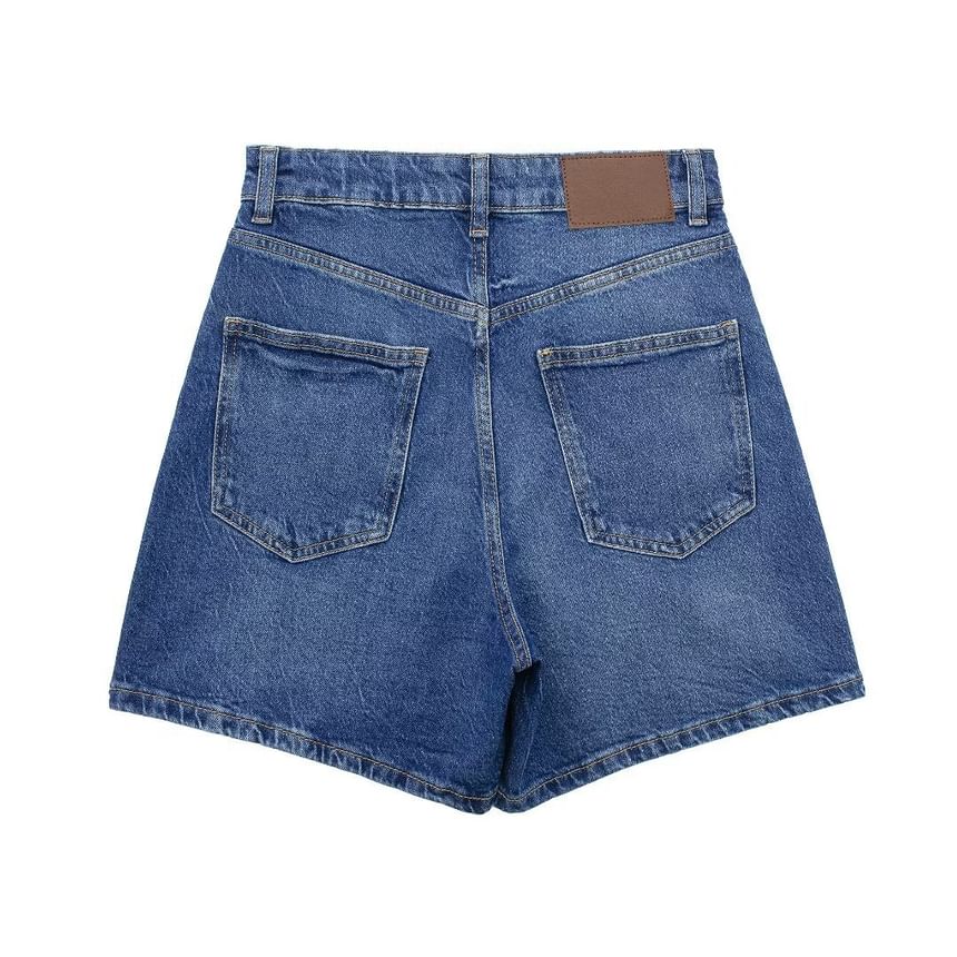 Mid Waist Washed Denim Shorts