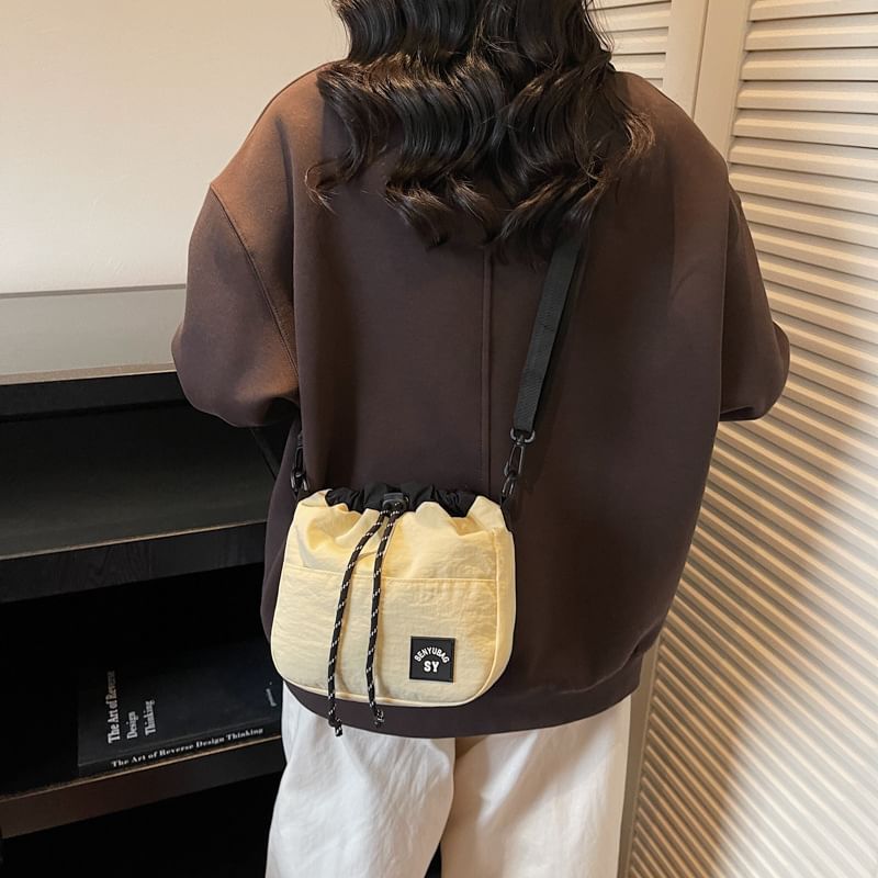 Color Panel Drawstring Bucket Bag