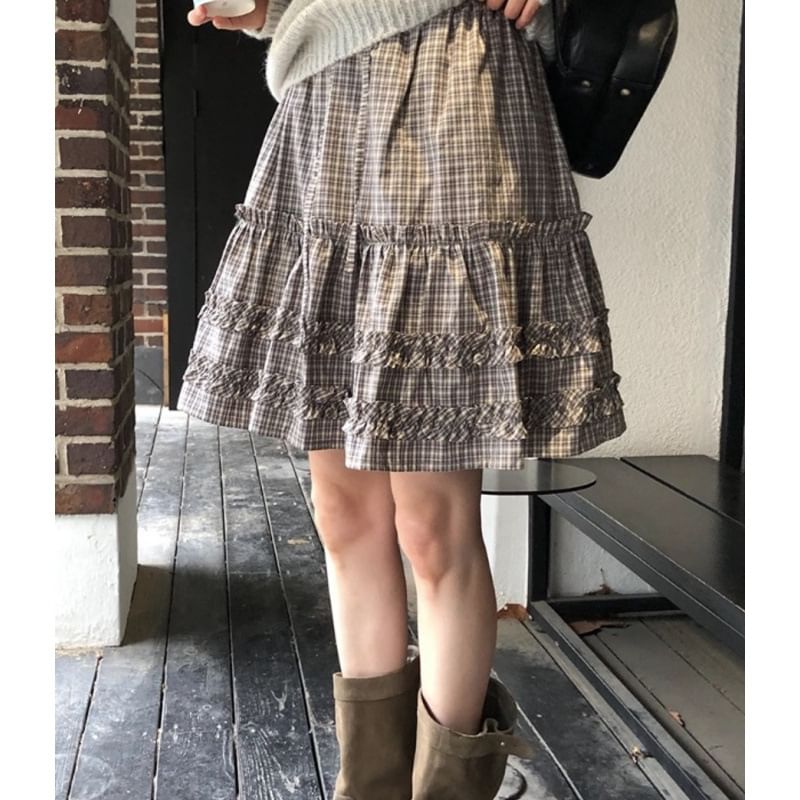 Mid-Waist Plaid A-Line Skirt