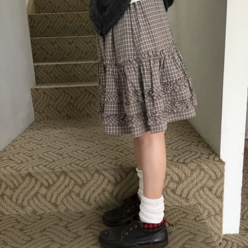 Mid-Waist Plaid A-Line Skirt