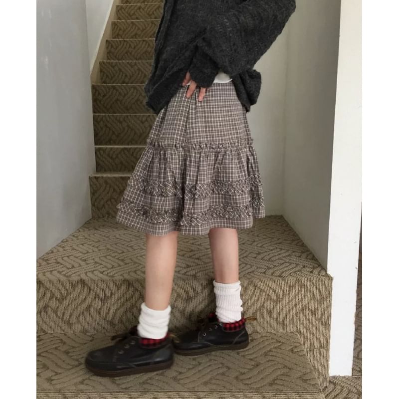 Mid-Waist Plaid A-Line Skirt