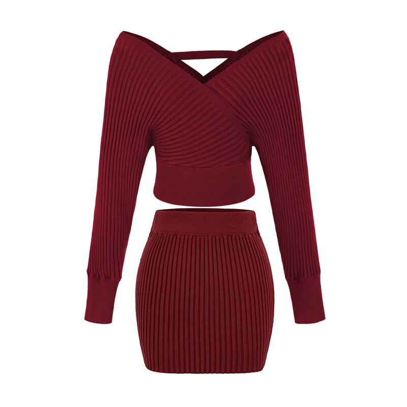 Off Shoulder Ribbed Knit Sweater and Mid Rise Knit Pencil Skirt Set