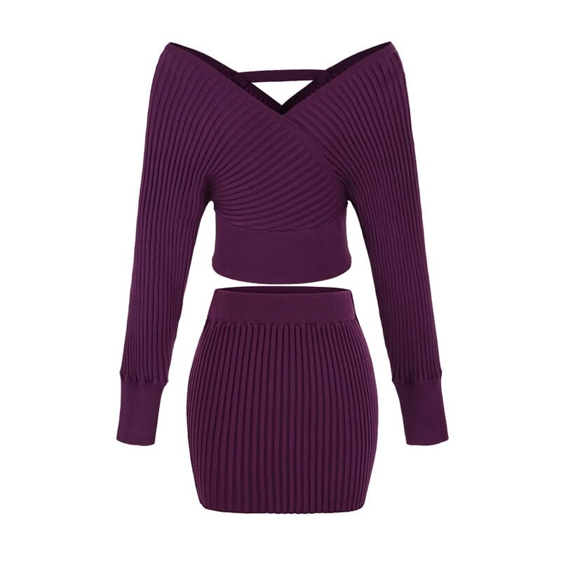 Off Shoulder Ribbed Knit Sweater and Mid Rise Knit Pencil Skirt Set