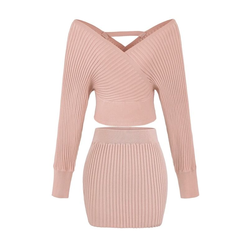 Off Shoulder Ribbed Knit Sweater and Mid Rise Knit Pencil Skirt Set