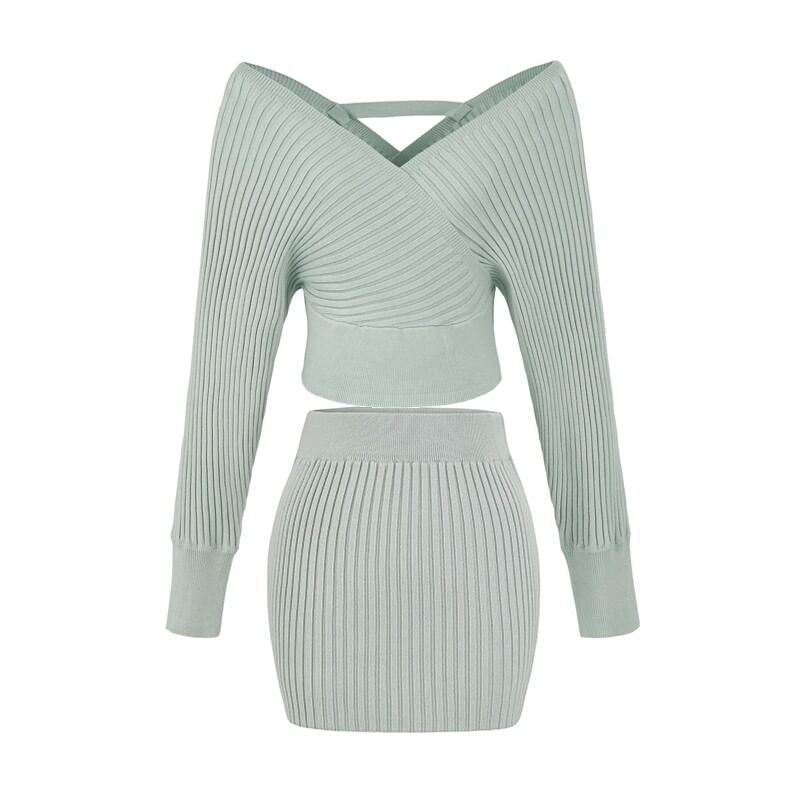 Off Shoulder Ribbed Knit Sweater and Mid Rise Knit Pencil Skirt Set