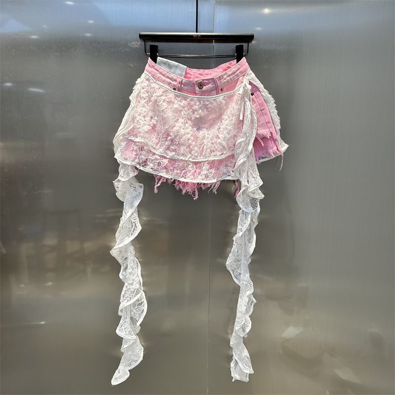 High Waist Skirt Overlay Distressed Panel Lace Denim Shorts