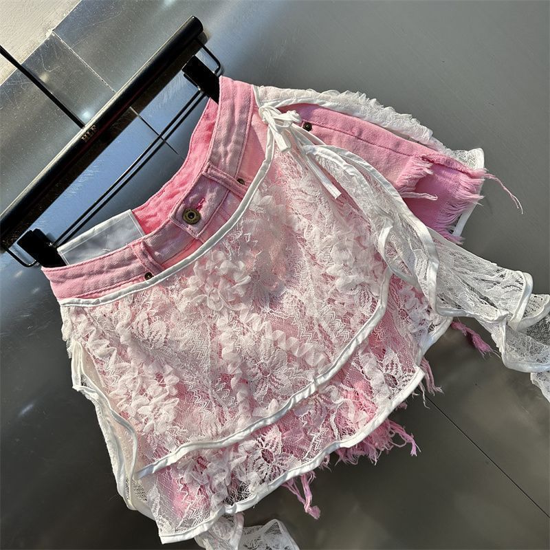 High Waist Skirt Overlay Distressed Panel Lace Denim Shorts