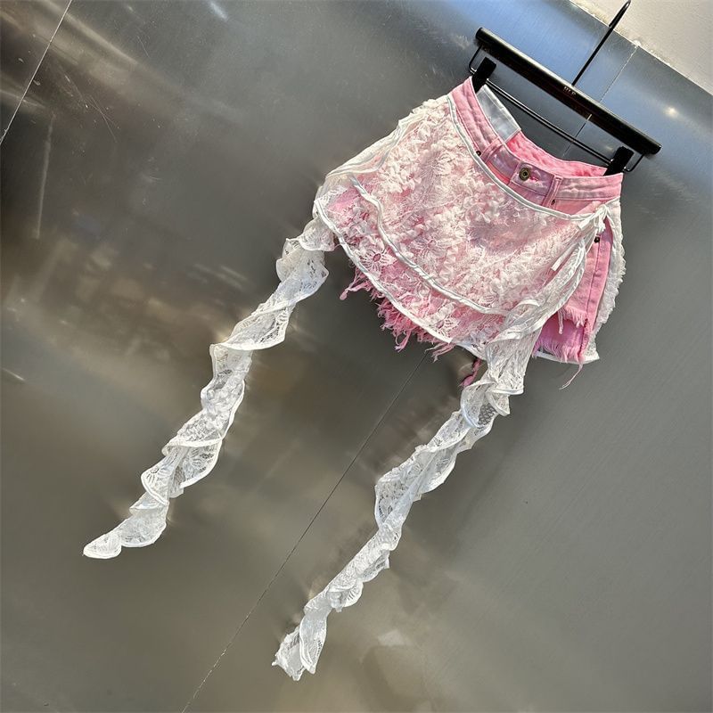 High Waist Skirt Overlay Distressed Panel Lace Denim Shorts