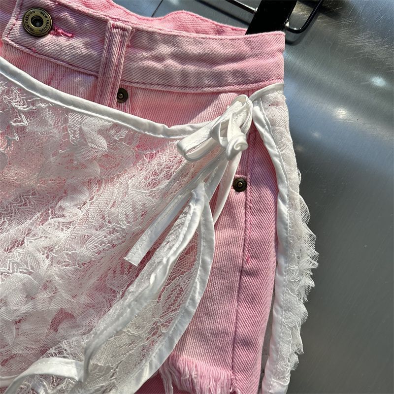 High Waist Skirt Overlay Distressed Panel Lace Denim Shorts