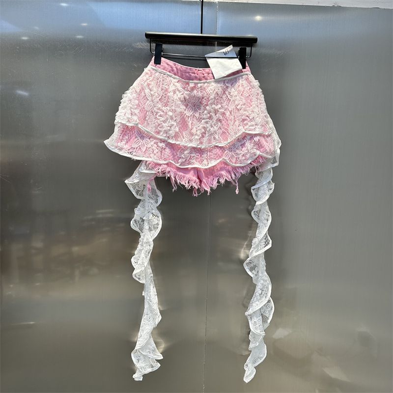 High Waist Skirt Overlay Distressed Panel Lace Denim Shorts