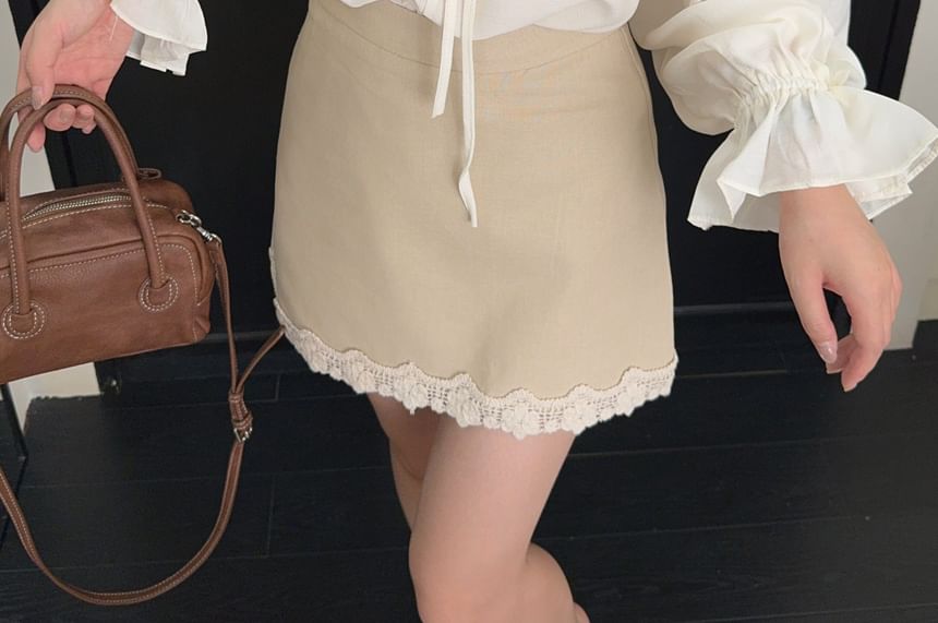 Ruffle Blouse and Lace Vest with Mini A-Line Skirt Set